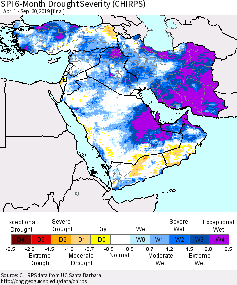 Middle East and Turkey SPI 6-Month Drought Severity (CHIRPS) Thematic Map For 4/1/2019 - 9/30/2019