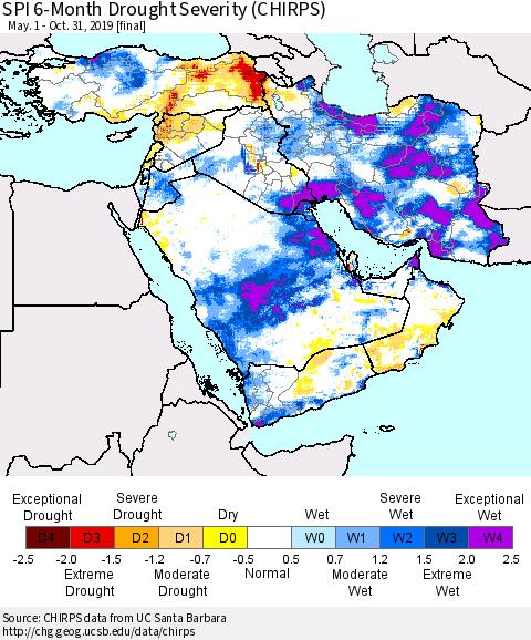 Middle East and Turkey SPI 6-Month Drought Severity (CHIRPS) Thematic Map For 5/1/2019 - 10/31/2019