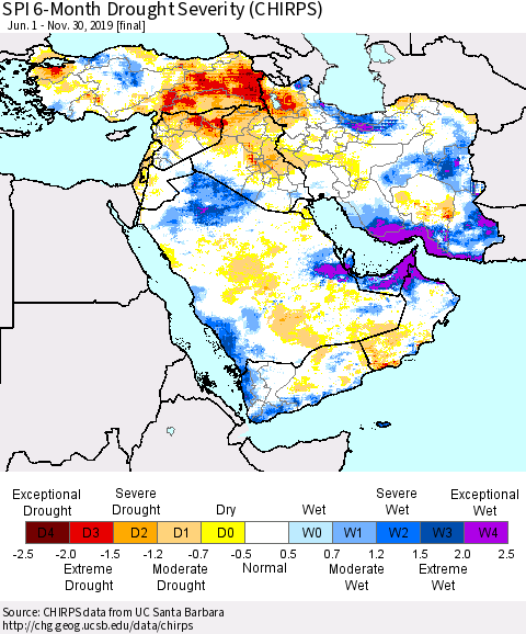 Middle East and Turkey SPI 6-Month Drought Severity (CHIRPS) Thematic Map For 6/1/2019 - 11/30/2019