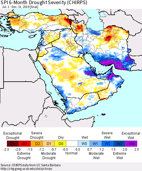 Middle East and Turkey SPI 6-Month Drought Severity (CHIRPS) Thematic Map For 7/1/2019 - 12/31/2019