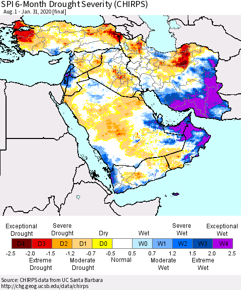 Middle East and Turkey SPI 6-Month Drought Severity (CHIRPS) Thematic Map For 8/1/2019 - 1/31/2020