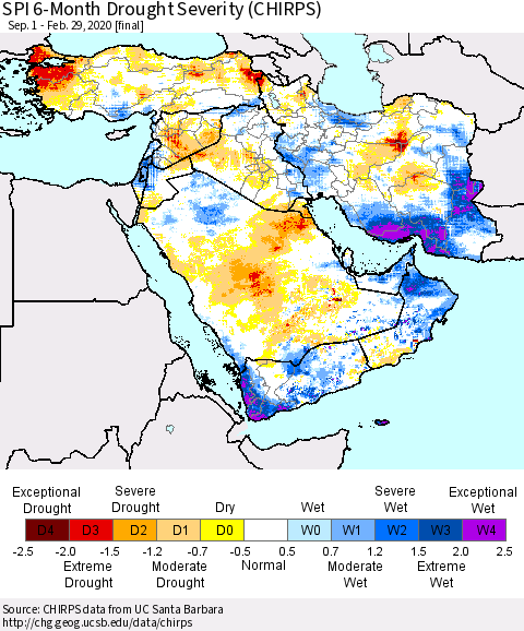 Middle East and Turkey SPI 6-Month Drought Severity (CHIRPS) Thematic Map For 9/1/2019 - 2/29/2020