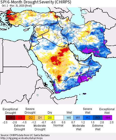 Middle East and Turkey SPI 6-Month Drought Severity (CHIRPS) Thematic Map For 10/1/2019 - 3/31/2020