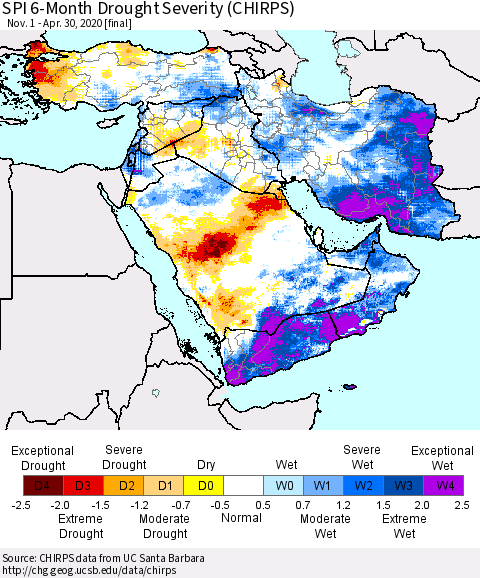Middle East and Turkey SPI 6-Month Drought Severity (CHIRPS) Thematic Map For 11/1/2019 - 4/30/2020