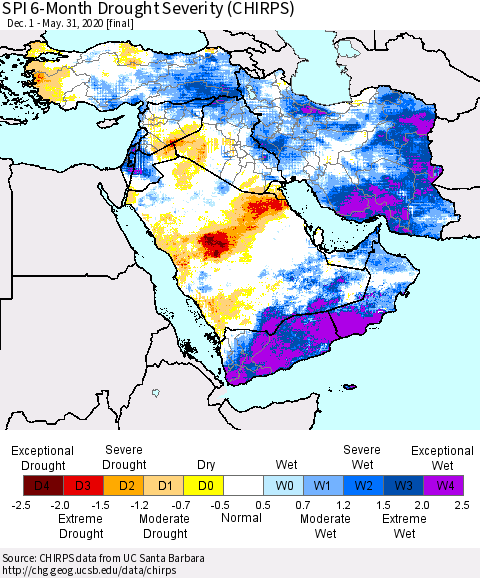 Middle East and Turkey SPI 6-Month Drought Severity (CHIRPS) Thematic Map For 12/1/2019 - 5/31/2020