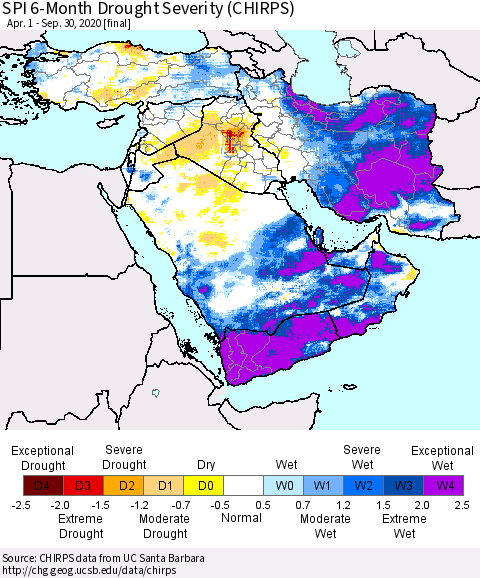 Middle East and Turkey SPI 6-Month Drought Severity (CHIRPS) Thematic Map For 4/1/2020 - 9/30/2020