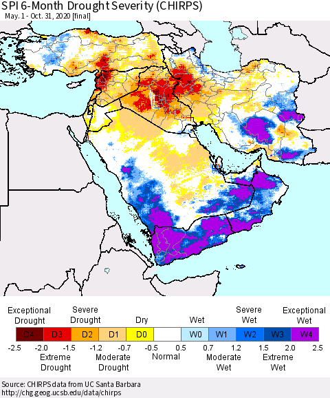 Middle East and Turkey SPI 6-Month Drought Severity (CHIRPS) Thematic Map For 5/1/2020 - 10/31/2020