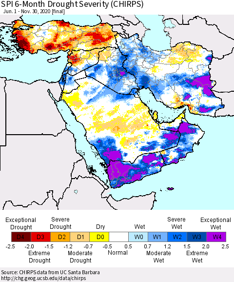 Middle East and Turkey SPI 6-Month Drought Severity (CHIRPS) Thematic Map For 6/1/2020 - 11/30/2020