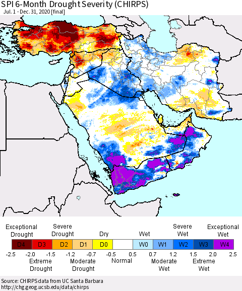 Middle East and Turkey SPI 6-Month Drought Severity (CHIRPS) Thematic Map For 7/1/2020 - 12/31/2020