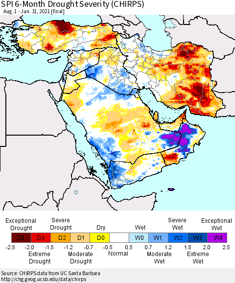 Middle East and Turkey SPI 6-Month Drought Severity (CHIRPS) Thematic Map For 8/1/2020 - 1/31/2021