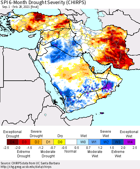 Middle East and Turkey SPI 6-Month Drought Severity (CHIRPS) Thematic Map For 9/1/2020 - 2/28/2021