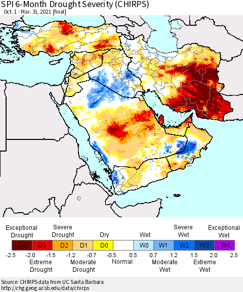 Middle East and Turkey SPI 6-Month Drought Severity (CHIRPS) Thematic Map For 10/1/2020 - 3/31/2021