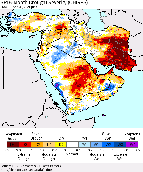 Middle East and Turkey SPI 6-Month Drought Severity (CHIRPS) Thematic Map For 11/1/2020 - 4/30/2021