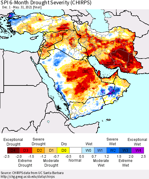 Middle East and Turkey SPI 6-Month Drought Severity (CHIRPS) Thematic Map For 12/1/2020 - 5/31/2021