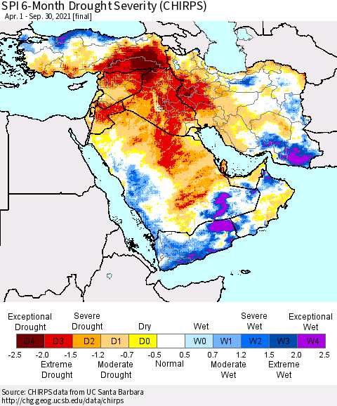 Middle East and Turkey SPI 6-Month Drought Severity (CHIRPS) Thematic Map For 4/1/2021 - 9/30/2021