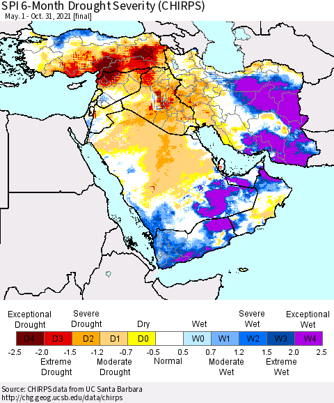 Middle East and Turkey SPI 6-Month Drought Severity (CHIRPS) Thematic Map For 5/1/2021 - 10/31/2021