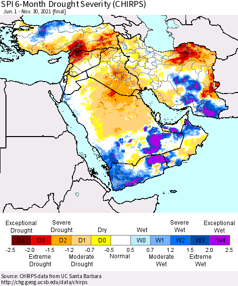 Middle East and Turkey SPI 6-Month Drought Severity (CHIRPS) Thematic Map For 6/1/2021 - 11/30/2021