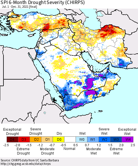 Middle East and Turkey SPI 6-Month Drought Severity (CHIRPS) Thematic Map For 7/1/2021 - 12/31/2021