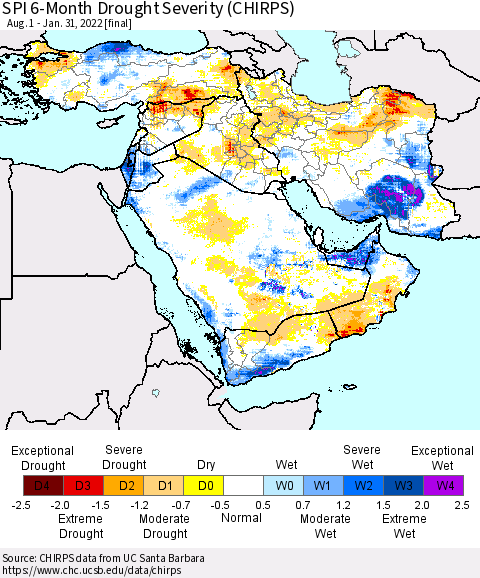Middle East and Turkey SPI 6-Month Drought Severity (CHIRPS) Thematic Map For 8/1/2021 - 1/31/2022