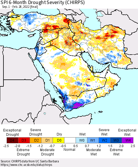 Middle East and Turkey SPI 6-Month Drought Severity (CHIRPS) Thematic Map For 9/1/2021 - 2/28/2022