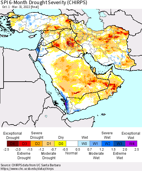 Middle East and Turkey SPI 6-Month Drought Severity (CHIRPS) Thematic Map For 10/1/2021 - 3/31/2022