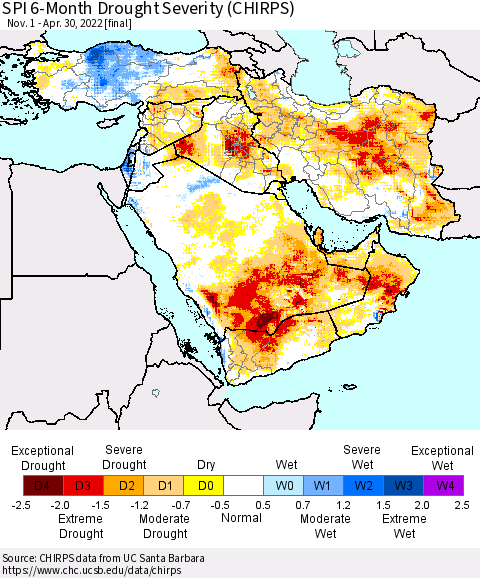 Middle East and Turkey SPI 6-Month Drought Severity (CHIRPS) Thematic Map For 11/1/2021 - 4/30/2022