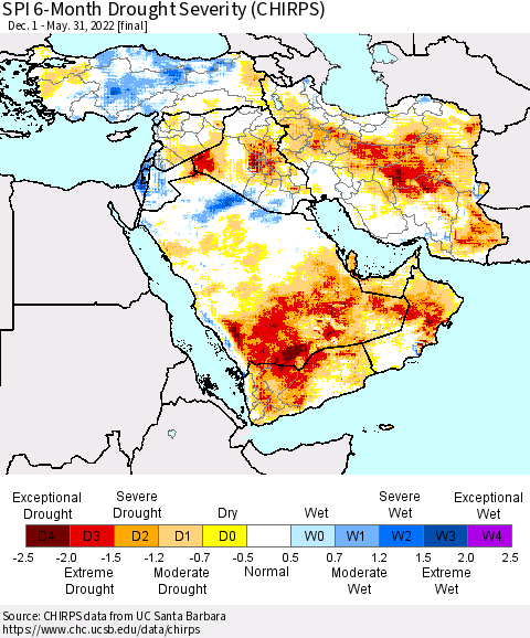 Middle East and Turkey SPI 6-Month Drought Severity (CHIRPS) Thematic Map For 12/1/2021 - 5/31/2022