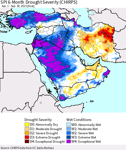 Middle East and Turkey SPI 6-Month Drought Severity (CHIRPS) Thematic Map For 4/1/2023 - 9/30/2023