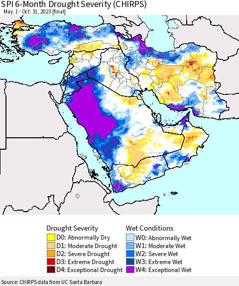Middle East and Turkey SPI 6-Month Drought Severity (CHIRPS) Thematic Map For 5/1/2023 - 10/31/2023