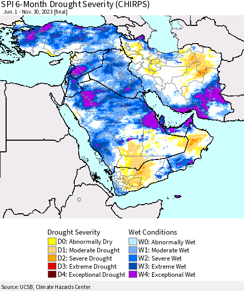 Middle East and Turkey SPI 6-Month Drought Severity (CHIRPS) Thematic Map For 6/1/2023 - 11/30/2023