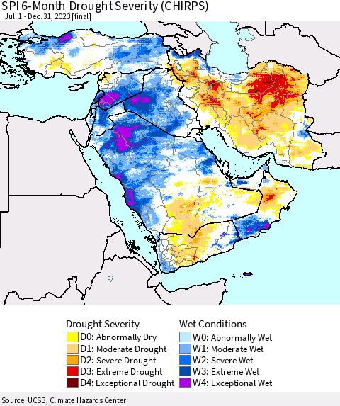 Middle East and Turkey SPI 6-Month Drought Severity (CHIRPS) Thematic Map For 7/1/2023 - 12/31/2023