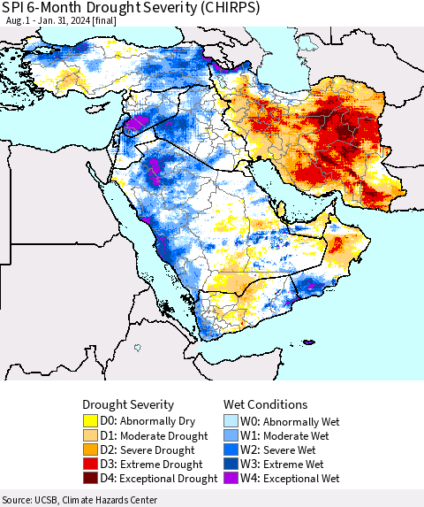 Middle East and Turkey SPI 6-Month Drought Severity (CHIRPS) Thematic Map For 8/1/2023 - 1/31/2024