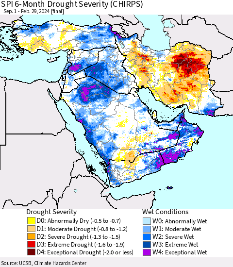 Middle East and Turkey SPI 6-Month Drought Severity (CHIRPS) Thematic Map For 9/1/2023 - 2/29/2024
