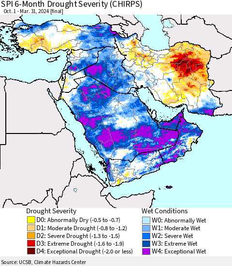 Middle East and Turkey SPI 6-Month Drought Severity (CHIRPS) Thematic Map For 10/1/2023 - 3/31/2024