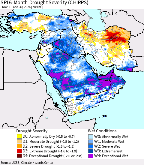 Middle East and Turkey SPI 6-Month Drought Severity (CHIRPS) Thematic Map For 11/1/2023 - 4/30/2024