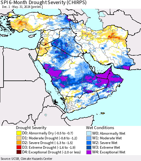 Middle East and Turkey SPI 6-Month Drought Severity (CHIRPS) Thematic Map For 12/1/2023 - 5/31/2024