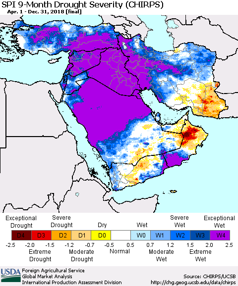 Middle East and Turkey SPI 9-Month Drought Severity (CHIRPS) Thematic Map For 4/1/2018 - 12/31/2018