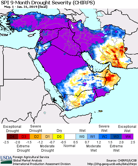 Middle East and Turkey SPI 9-Month Drought Severity (CHIRPS) Thematic Map For 5/1/2018 - 1/31/2019