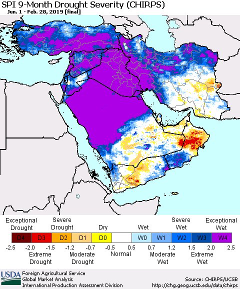 Middle East and Turkey SPI 9-Month Drought Severity (CHIRPS) Thematic Map For 6/1/2018 - 2/28/2019