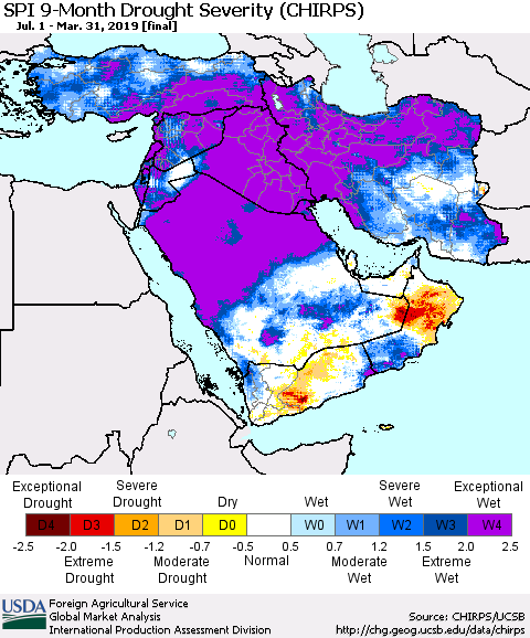 Middle East and Turkey SPI 9-Month Drought Severity (CHIRPS) Thematic Map For 7/1/2018 - 3/31/2019