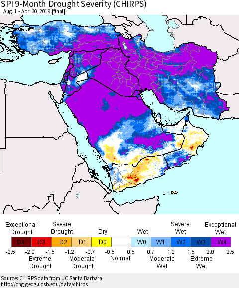 Middle East and Turkey SPI 9-Month Drought Severity (CHIRPS) Thematic Map For 8/1/2018 - 4/30/2019
