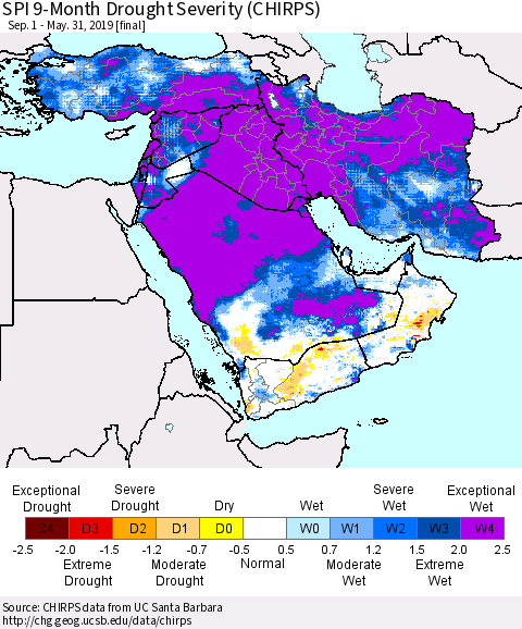 Middle East and Turkey SPI 9-Month Drought Severity (CHIRPS) Thematic Map For 9/1/2018 - 5/31/2019