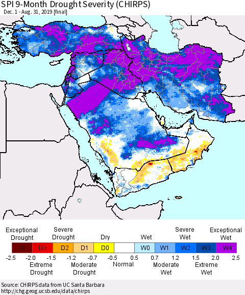 Middle East and Turkey SPI 9-Month Drought Severity (CHIRPS) Thematic Map For 12/1/2018 - 8/31/2019