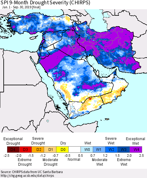 Middle East and Turkey SPI 9-Month Drought Severity (CHIRPS) Thematic Map For 1/1/2019 - 9/30/2019