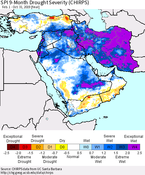 Middle East and Turkey SPI 9-Month Drought Severity (CHIRPS) Thematic Map For 2/1/2019 - 10/31/2019