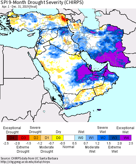 Middle East and Turkey SPI 9-Month Drought Severity (CHIRPS) Thematic Map For 4/1/2019 - 12/31/2019