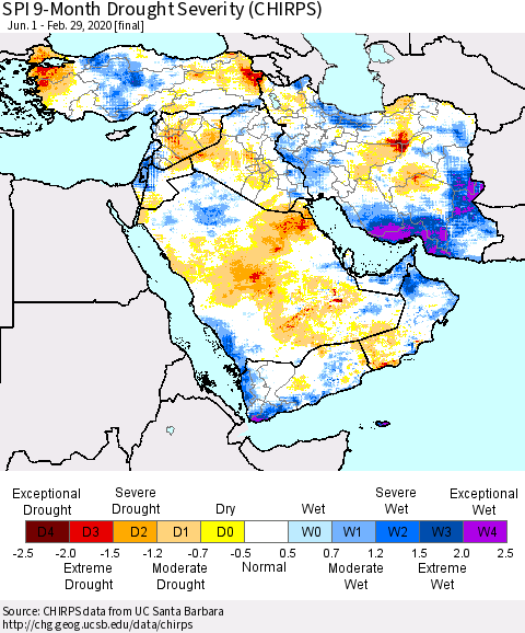 Middle East and Turkey SPI 9-Month Drought Severity (CHIRPS) Thematic Map For 6/1/2019 - 2/29/2020