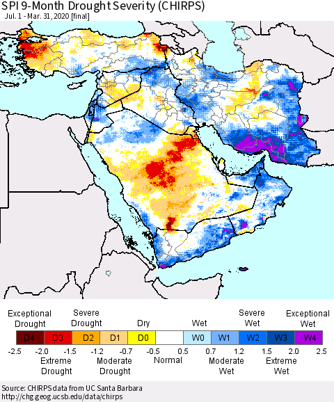 Middle East and Turkey SPI 9-Month Drought Severity (CHIRPS) Thematic Map For 7/1/2019 - 3/31/2020