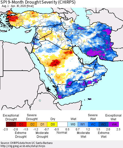 Middle East and Turkey SPI 9-Month Drought Severity (CHIRPS) Thematic Map For 8/1/2019 - 4/30/2020