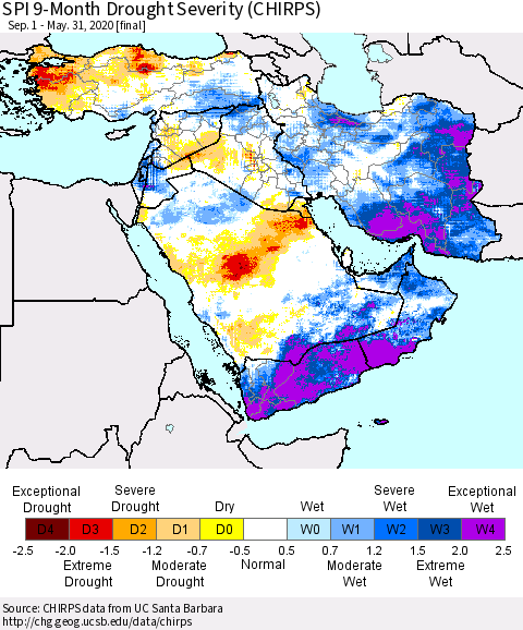 Middle East and Turkey SPI 9-Month Drought Severity (CHIRPS) Thematic Map For 9/1/2019 - 5/31/2020
